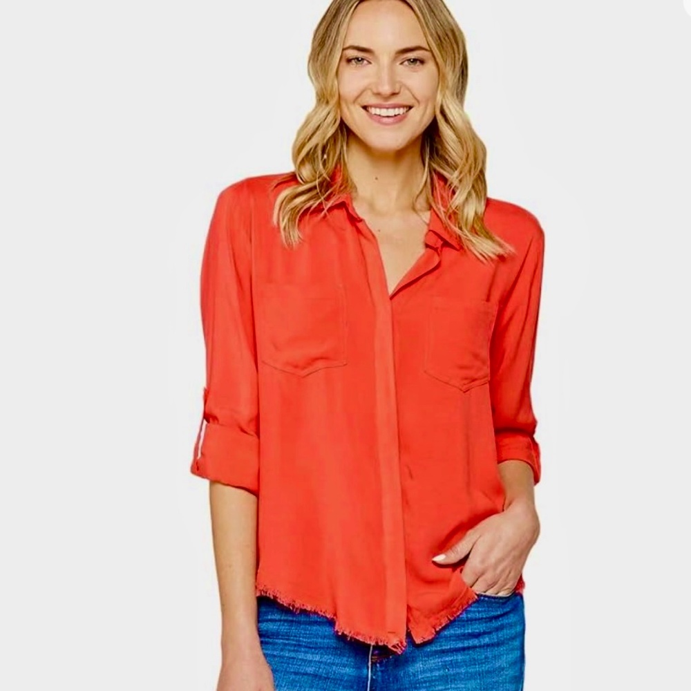 VELVET HEART Linen Orange Button Down Shirt Split Back Western Sz M